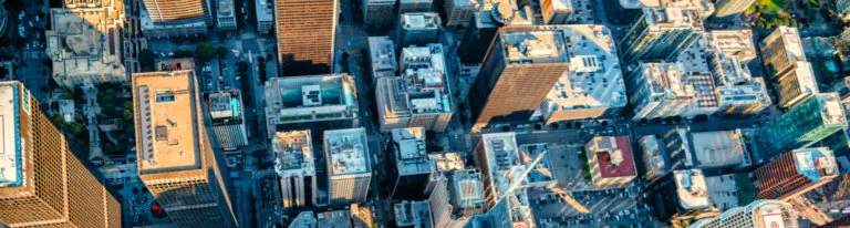 Aerial view of downtown Los Angeles buildings.